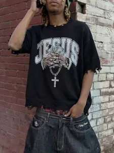 Spring Summer New Fun Pattern Trendy Street Cutout Fringe Design Men's Casual Sport Short Sleeve Knit Top, Fitted Long Clothing