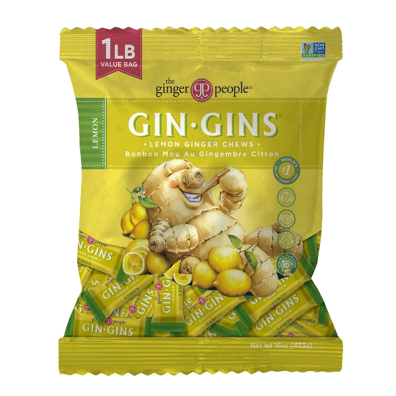 GIN GINS Lemon Ginger Chews Made w/Fresh Ginger 1lb 1Pk