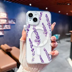 Phone Case: Lavender Blossom Branches in Soft Purple Gentle Style Transparent Acrylic Magnetic HD Clear Shockproof Printed Phone Case for iPhone 17 E Air Pro ProMax iPhone16 15 14 Plus 13 12 Mini 11 X XS XR Series Full Models Great Gift