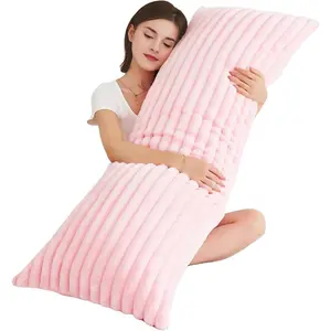 Full  Pillow with Fluffy Stripe Faux  Removable Cover, Long Bed Pillow Adult 20x54 Inches for Side Sleeper and , Pink.