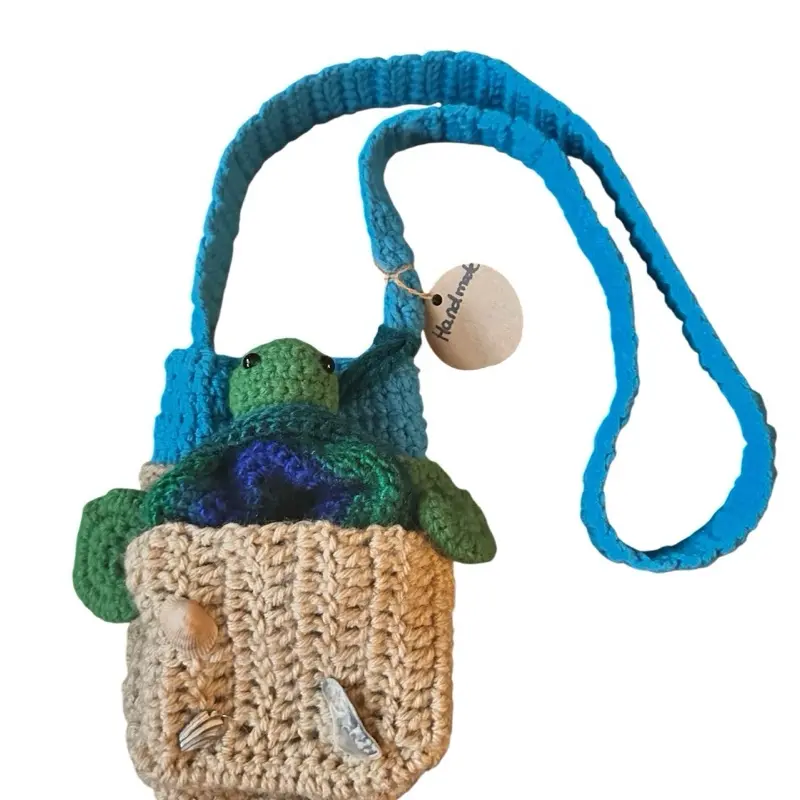 Sea Turtle Tote - Handmade Crochet Water Bottle Drink Holder with Blue Handle and Ombré Green Shell Design