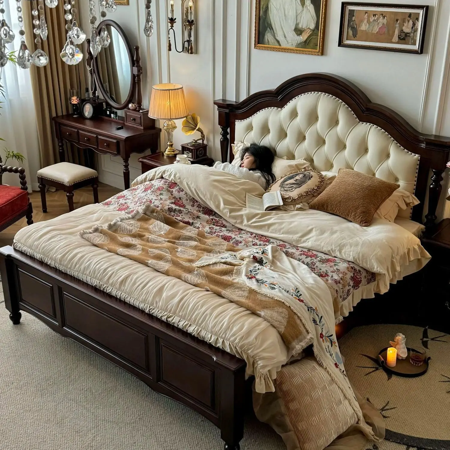 1800mm x 2000mm Frame Structure Bed with Elegant Headboard and Cozy Bedding Set for Bedroom