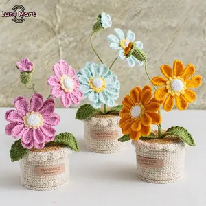 Handmade Crochet Daisy Potted Plant with Buds and Leaves - Multi-Color Knitted Flower Pot, Nature-Infused Decorative Home Office Desk Decor, Thoughtful Birthday Housewarming Gift