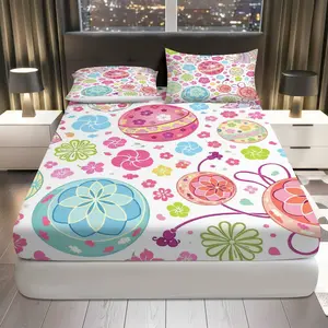 3Pcs Floral Balloon Geometric Fitted Sheet Three Piece Set (1*Fitted Sheet+2*Pillowcases, Coreless), Spring theme, Colorful Decorative Bedding Set, Mattress protector Soft, Breathable