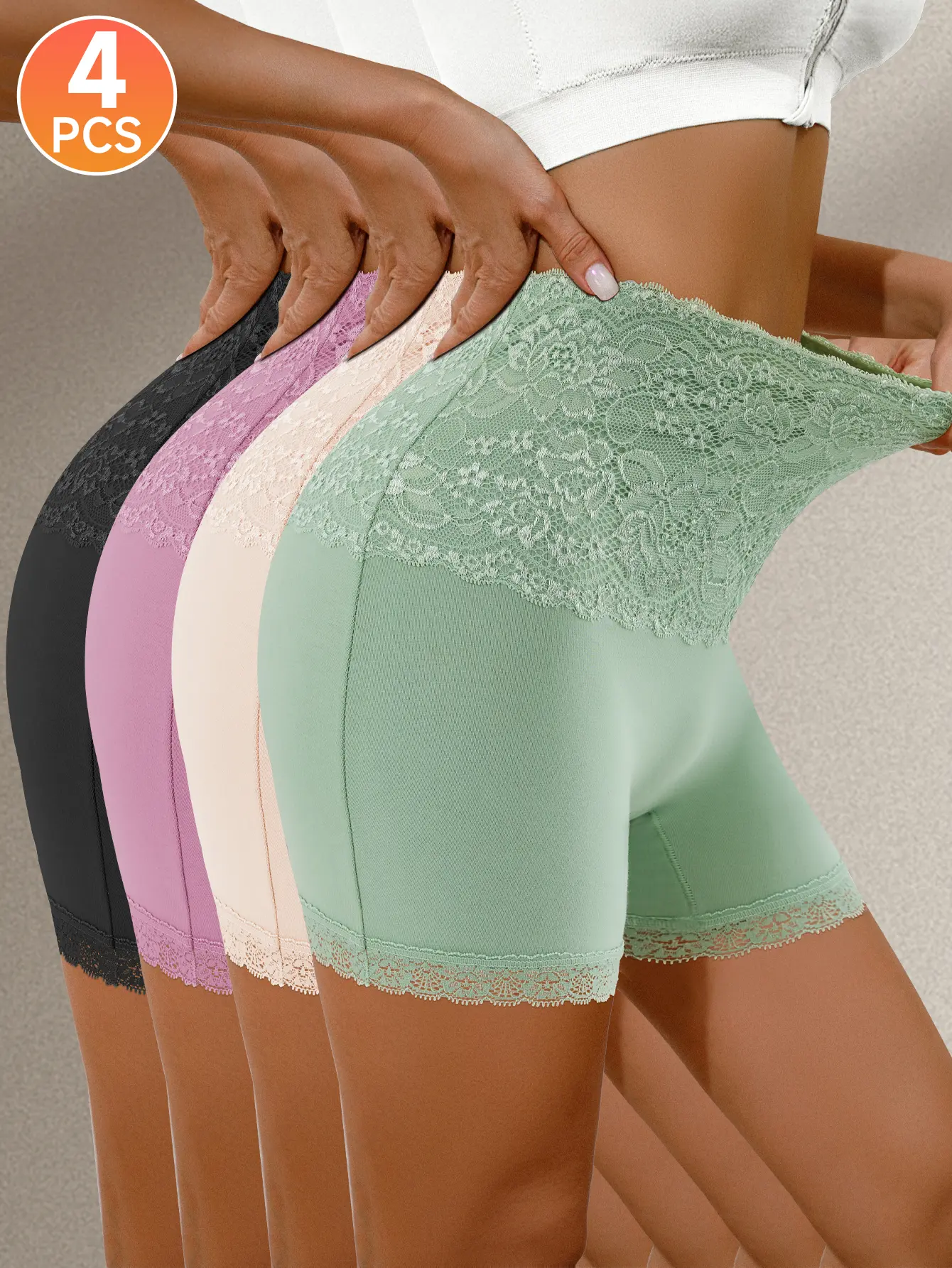 QUASTI Women's 4-Pack High-Waist Lace Girdle Shapewear Short Panty Breathable Cotton Undies Gentle Tummy Control Soft Stretch Full Coverage Lightweight Comfortable Basic Fit Anti-roll Edge Everyday Underwear Daily Wear Summerwins S-XXL