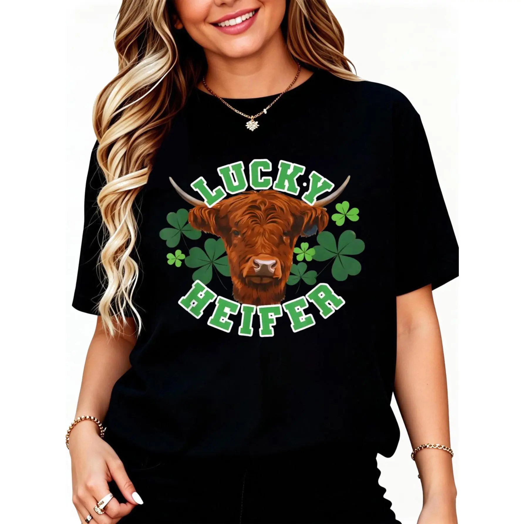 Women's St. Patrick's Day Graphic T-Shirt, Funny Lucky Heifer Casual Top, 100% Cotton with Distressed Vintage Print, Tshirt
