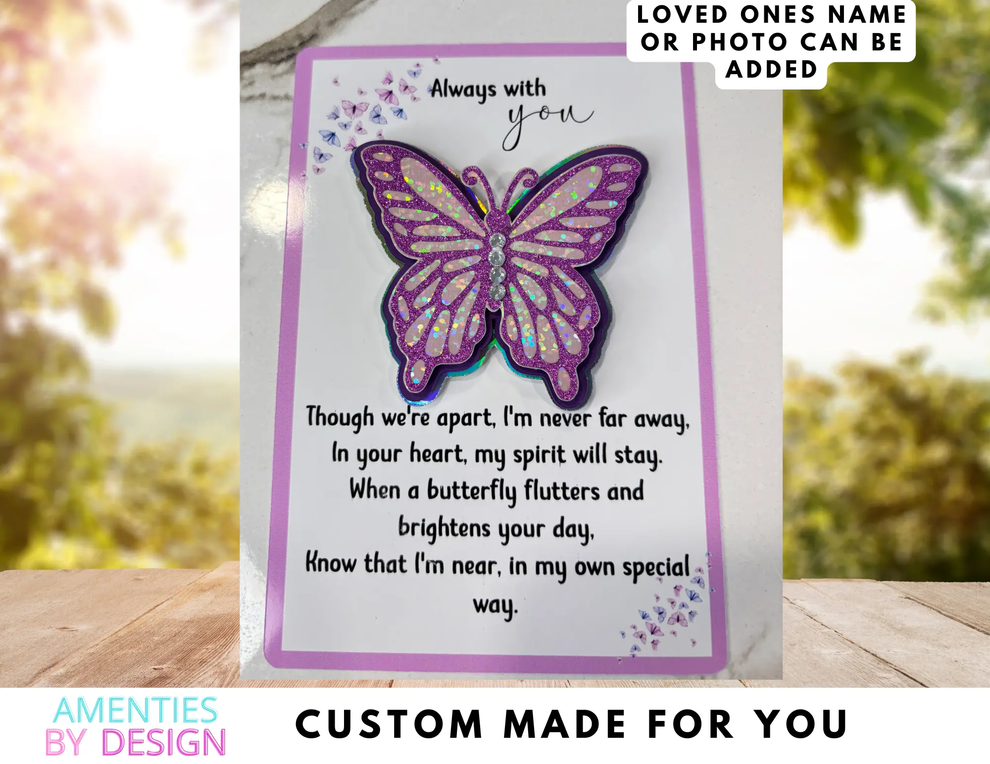 Custom Butterfly Memorial Card 3x4 Inches Handmade with 3D Layered Look & Lovely Memorial Poem for Loved Ones