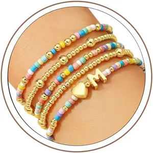 others Day Gifts - Colorful Beaded Bracelets for Girls Woen 5 count Colorful Beaded Bracelets Cute Heart Initial Bracelet Stretch Bracelet  Set Birthday Gifts for  Teens Girls
