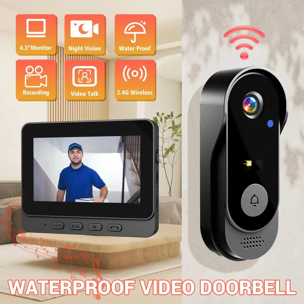 【BackToSchool】Wireless 4.3'' Video Doorbell with Color Display, 2.4G Connectivity, Night Vision, Waterproof Design
