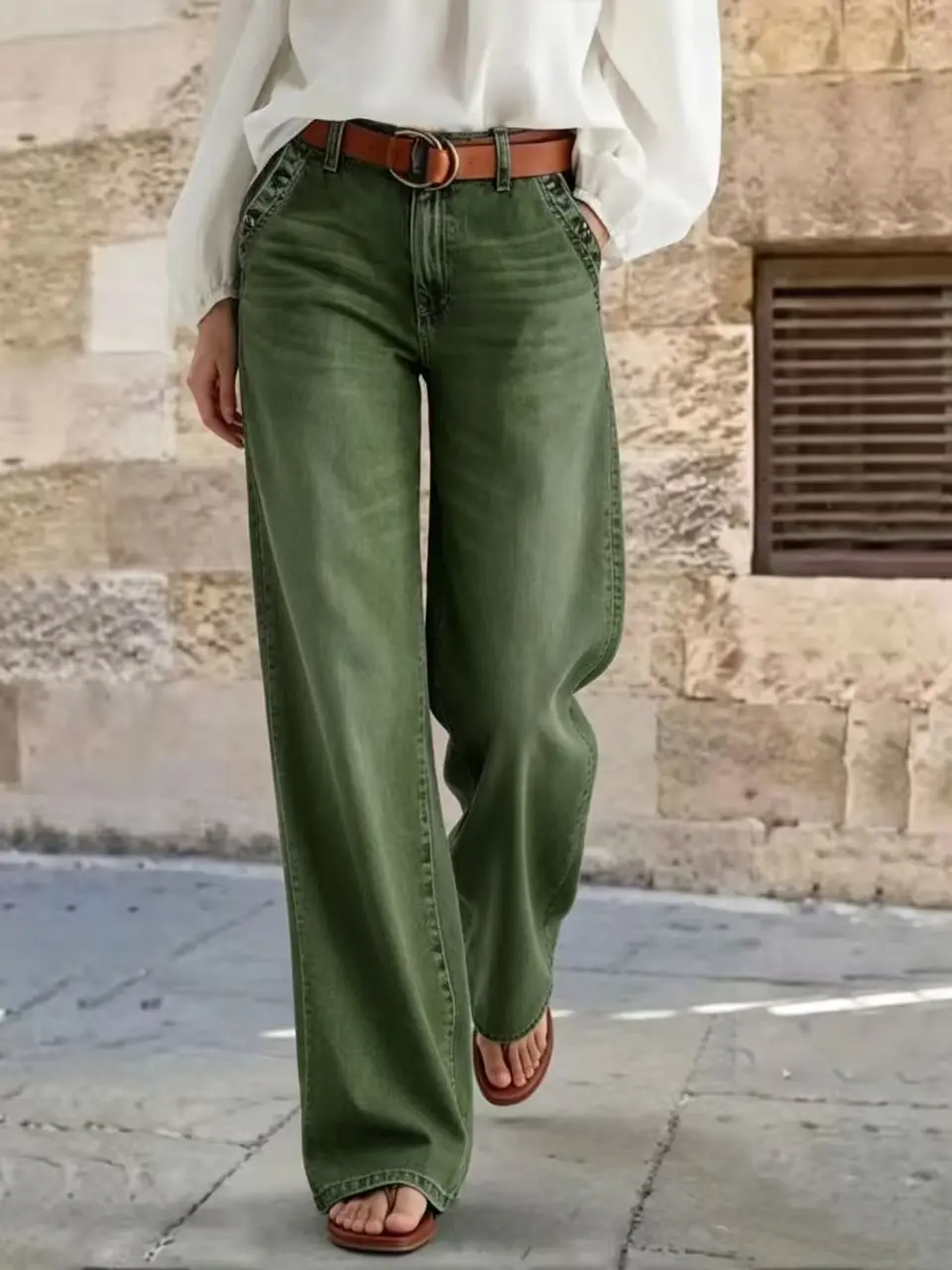 Women’s Wide Leg Jeans, Olive Green High Waisted Denim Pants, Loose Fit Full Length Casual Jeans