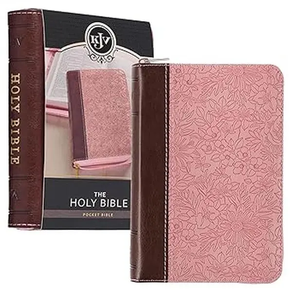 KJV Holy Bible, Convenient Mini Pocket Size, Faux Leather Red Letter Edition - Zipper Closure, Ribbon Marker, Pink/Saddle Tan King James Version Book, Convenience