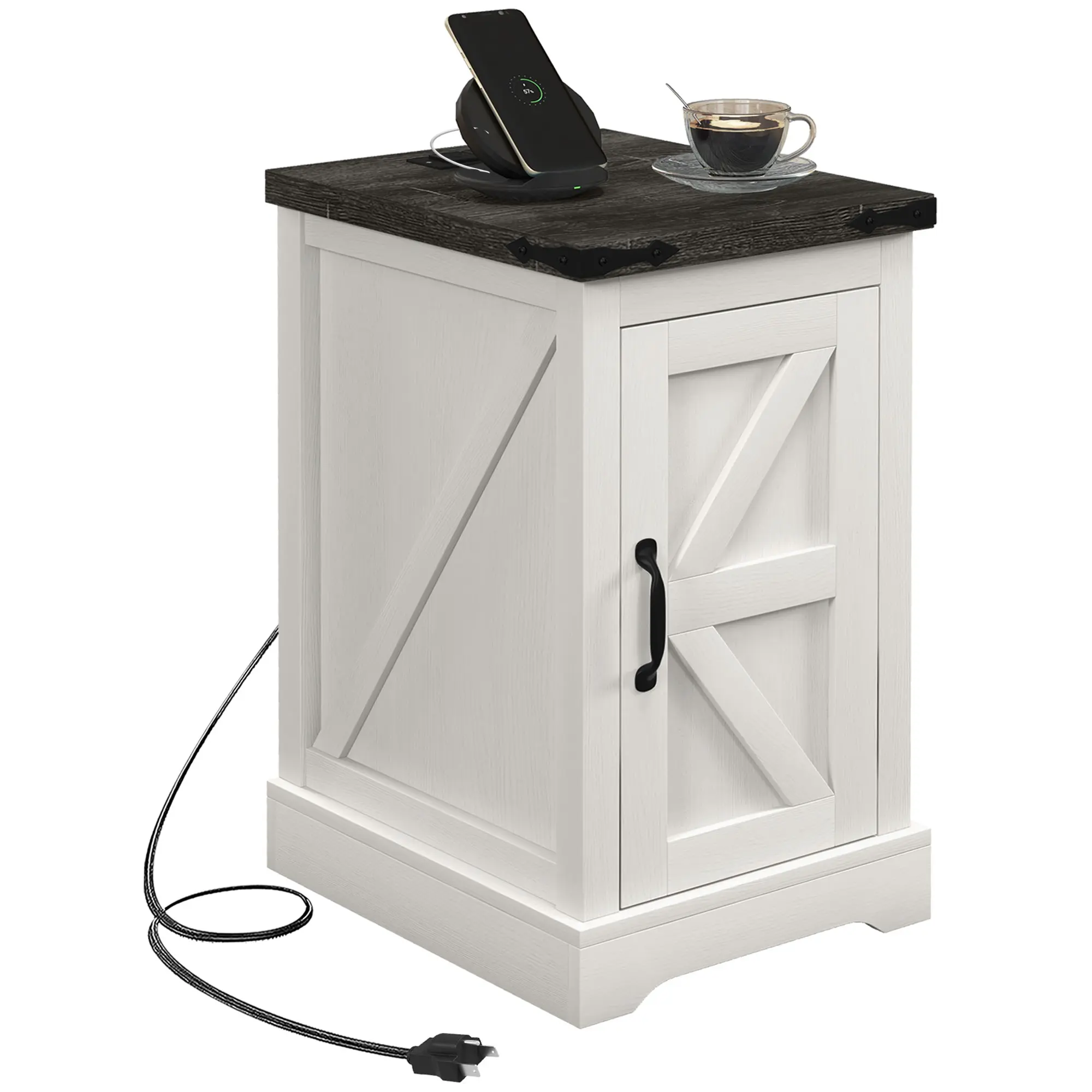 Distressed White Farmhouse Barn-Style End Table - Kid-Safe, 4-Leg, Assembled, Built-In 2 Outlets & 2 USB Ports Charging Station for Living Room Sofa Side, Multi-Purpose Bedside Table, Kid-Safe Bedside Tables, Four-Leg Bedside Tables