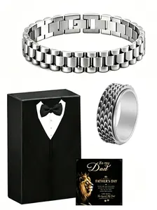 Father's Day Lion King Stainless Steel Bracelet and Ring Gift Box, Elegant Chain Design, Perfect for Daily Wear, Parties, Holidays