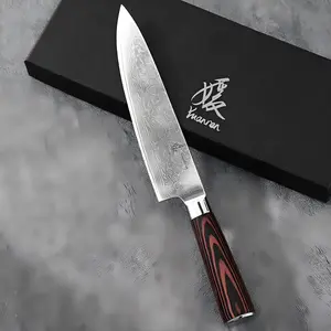 YUANREN Damascus Culinary Knife｜Red Burl Wood Handle Combined with 8-inch 67-Layer AUS-10 Steel Blade, Portable for Cooking and Camping, a Premium Gift for Your Beloved.