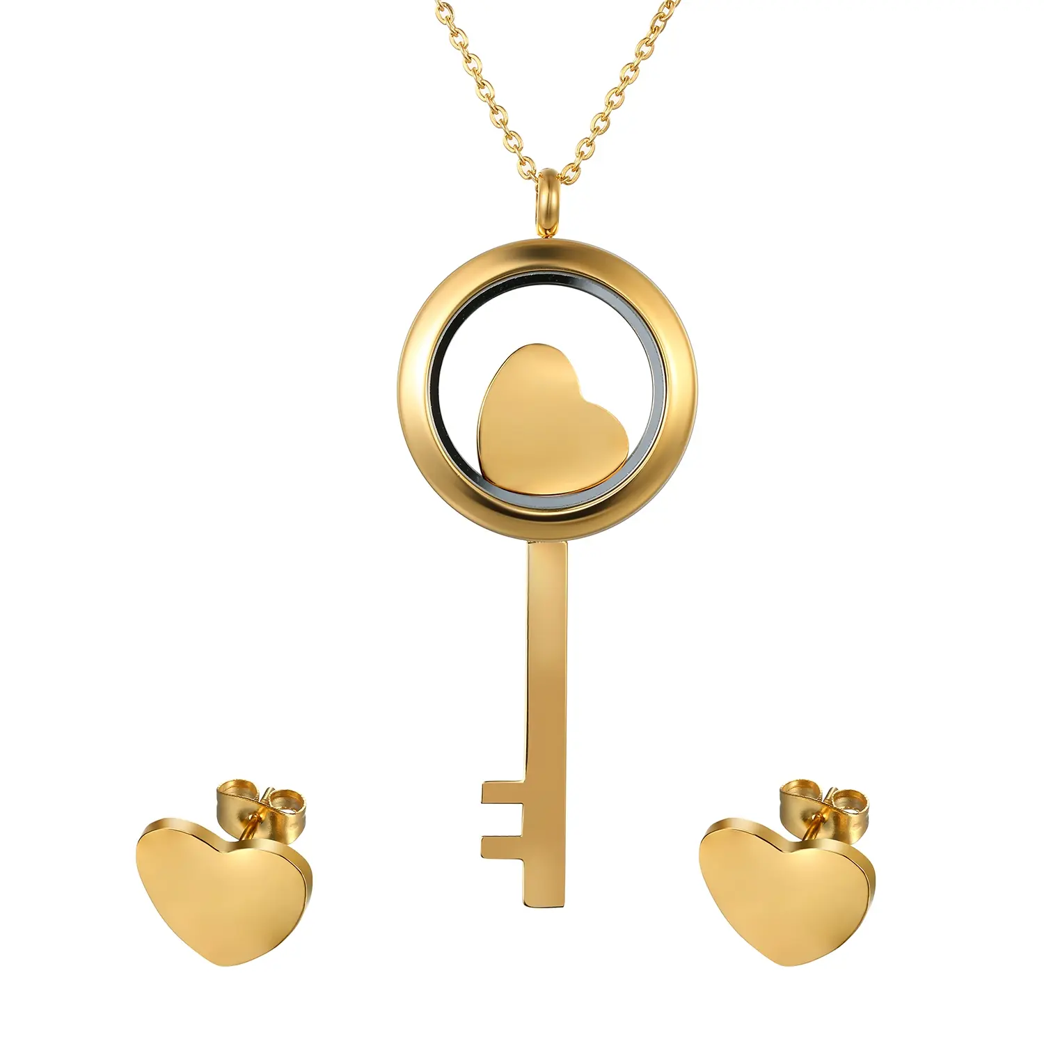OIDEA Women's Elegant Gold-Tone Stainless Steel Openable Heart Key Locket Jewelry Set - Anniversary Gifts, Set Includes Necklace and Earrings, 17.7"(45cm) Chain with Extender, 2.16"x0.98" Photo Display