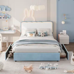 Twin-Queen Upholstered LED Bed Frame with Storage Drawer and Adjustable Headboard, Velvet Princess Platform Bed for Kids/Girls/Boys, Heavy Duty Metal Support, No Box Spring Needed, Blue
