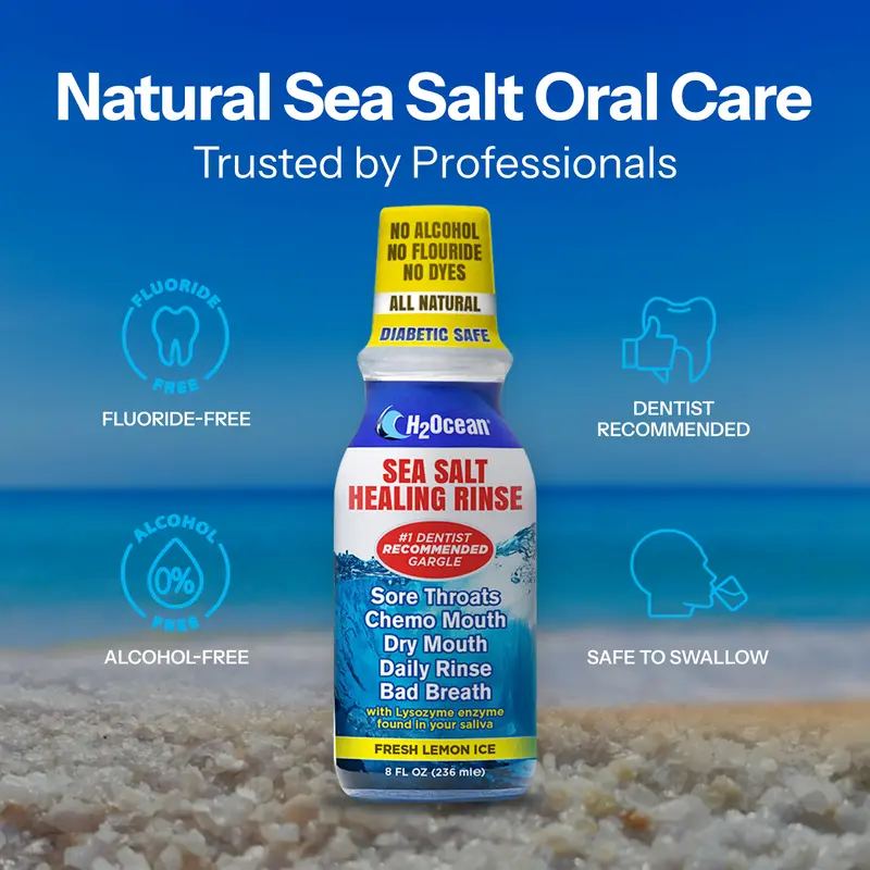 H2Ocean Sea Salt Healing Rinse - Oral Care Solution with Red Sea Salt & Enzymes - Alcohol-Free, Fluoride-Free, Natural Mouthwash for Sore Throats & Dry Mouth
