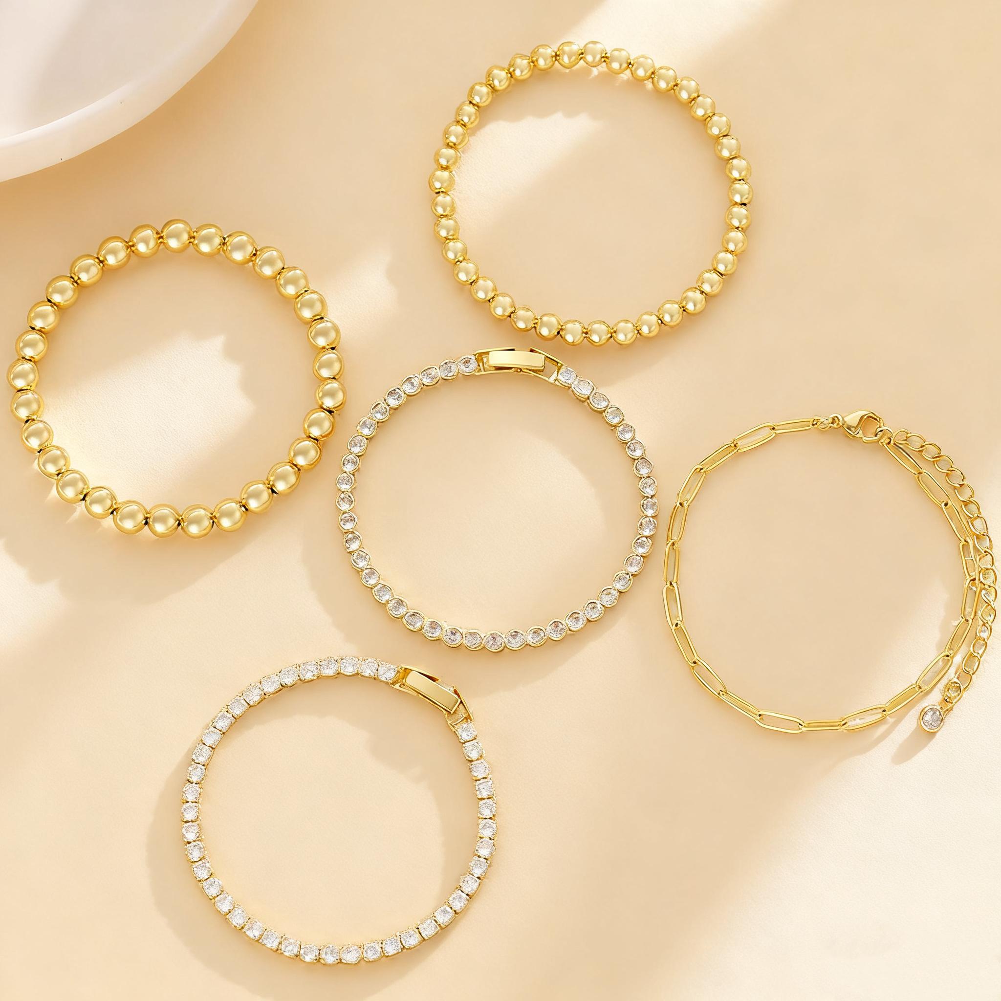 17KM 5PCS 16K Gold Plated Women's Bracelet Set with Sparkling Zircons Trendy Stackable Beaded & Chain Bracelets Non-Tarnish Jewelry for Gifts