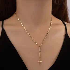 Fashion metal chain vintage cross pendant necklace for women. Long Y-shaped collar chain.
