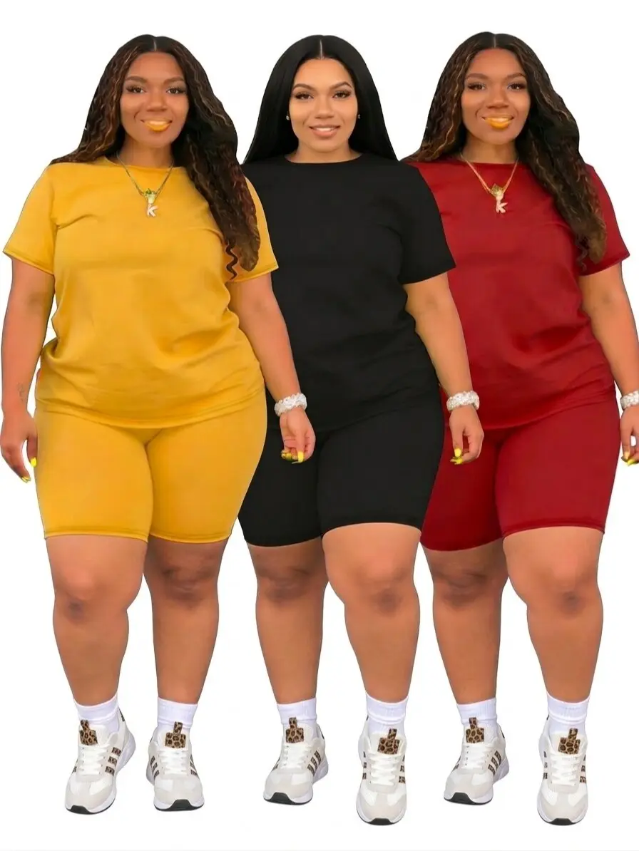 2026 New Summer Plus Size 2-Piece Set Women's Crewneck Short Sleeve Top & Shorts Solid Color Breathable Casual Sportswear Suits Lightweight Yoga Tracksuit Set Workout Set