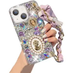 Compatible with iPhone 15 Glitter Bling Case, Cute Luxury 3D Crystal Queen Rhinestone Full Diamond with Silk Scarf Wristband Chain Women Girls Case Cover for iPhone 15 6.1"