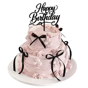 Black Bow Cake Decorations with Happy Birthday Text Toppers, 11-Piece Satin Bow Set, Vintage Theme Party Supplies for Birthdays