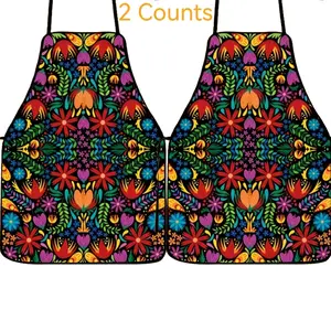 Floral Pattern Apron Set, 2 Counts Polyester Mexican Folk Style Aprons, Kitchen Apron for Cooking, Summer Spanish Apron,Mother's Day Gift, Kitchen&Cleaning Essential,Cleaning Tool,World Cup
