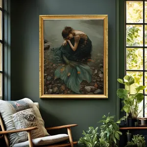 Dark Mermaid Wall Art – Disenchanted Fairy Tale Print, Moody Fantasy Ocean Decor, Mythical Heartbreak Portrait, Room Decor, Unframed