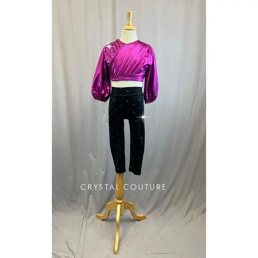 Magenta Metallic Long Sleeve Top Paired with Black Metallic Leggings - Rhinestones