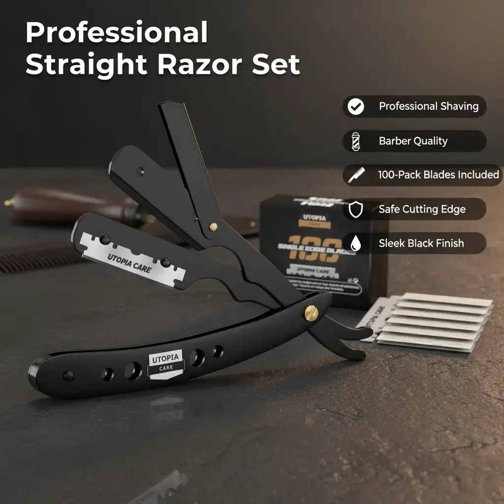 Professional Straight Razor for Men, Barber Straight Edge Razor Safety with 100 Pack Blades, Black Professional Straight Razor for Men, Barber Straight Edge Razor Safety with 100 Pack Blades, Black