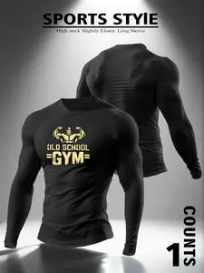 Men's "Old School Gym" Vintage Bodybuilding High Neck Compression Long Sleeve - Athletic Top for Gym Workouts, Moisture-Wicking Fabric for Bodybuilding, Casual Urban Daily Wear, Athletic Compression Shirts