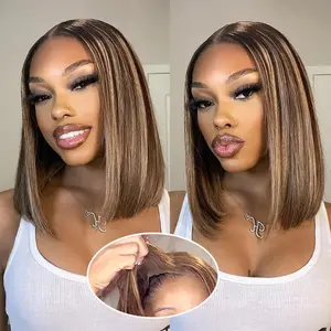 Highlight Ombre Short Bob Glueless Wigs Human Hair Ready To Wear Honey Blonde 4/27 Colored Straight Pre Cut 6x4 HD Lace Closure Wig For Women Pre Plucked 180%