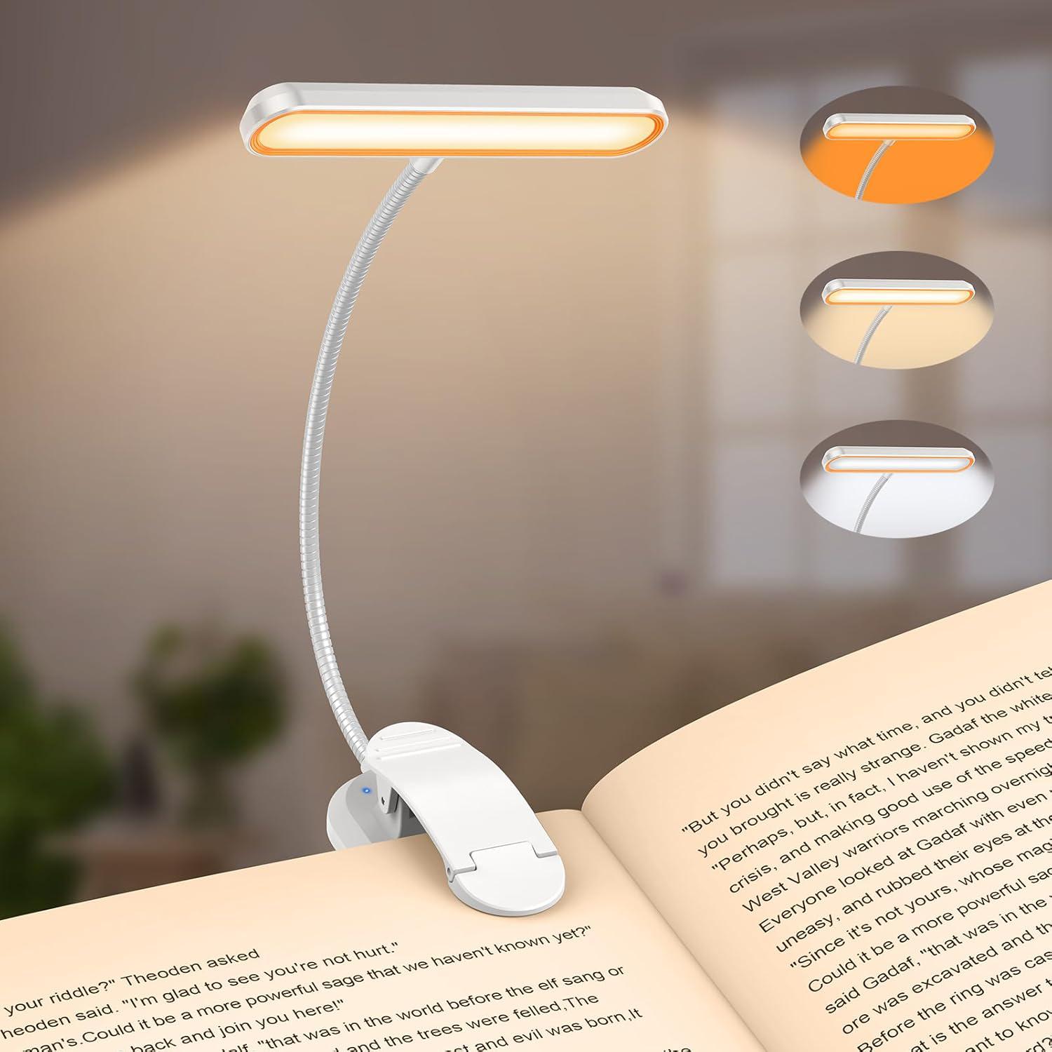 24 LED Book Light for Reading in Bed, Rechargeable Clip On Reading Light with Memory Function, 3 Color Temperatures Eye Caring, Stepless Dimming Brightness, 80 Hrs Runtime Lightweight Book Light for Book Lovers