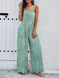 [Plus Size] All Over Print Sleeveless Strappy Jumpsuit, Casual Comfy Jumpsuit for Summer, Women's Clothes for Daily Wear
