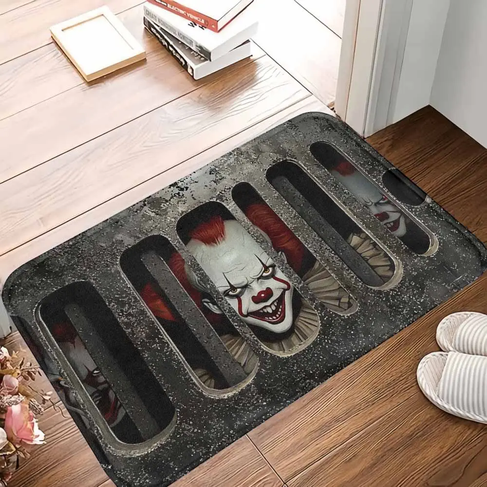 Halloween Scary Clown Face Doormat for Halloween Party, Durable 100% Polyester Smooth Breathable Fabric, Creepy Sewer Grate Print, Red & Black Horror Theme Elements, Rubber Non-Slip Waterproof Indoor-Outdoor Home Entrance Decoration Gift