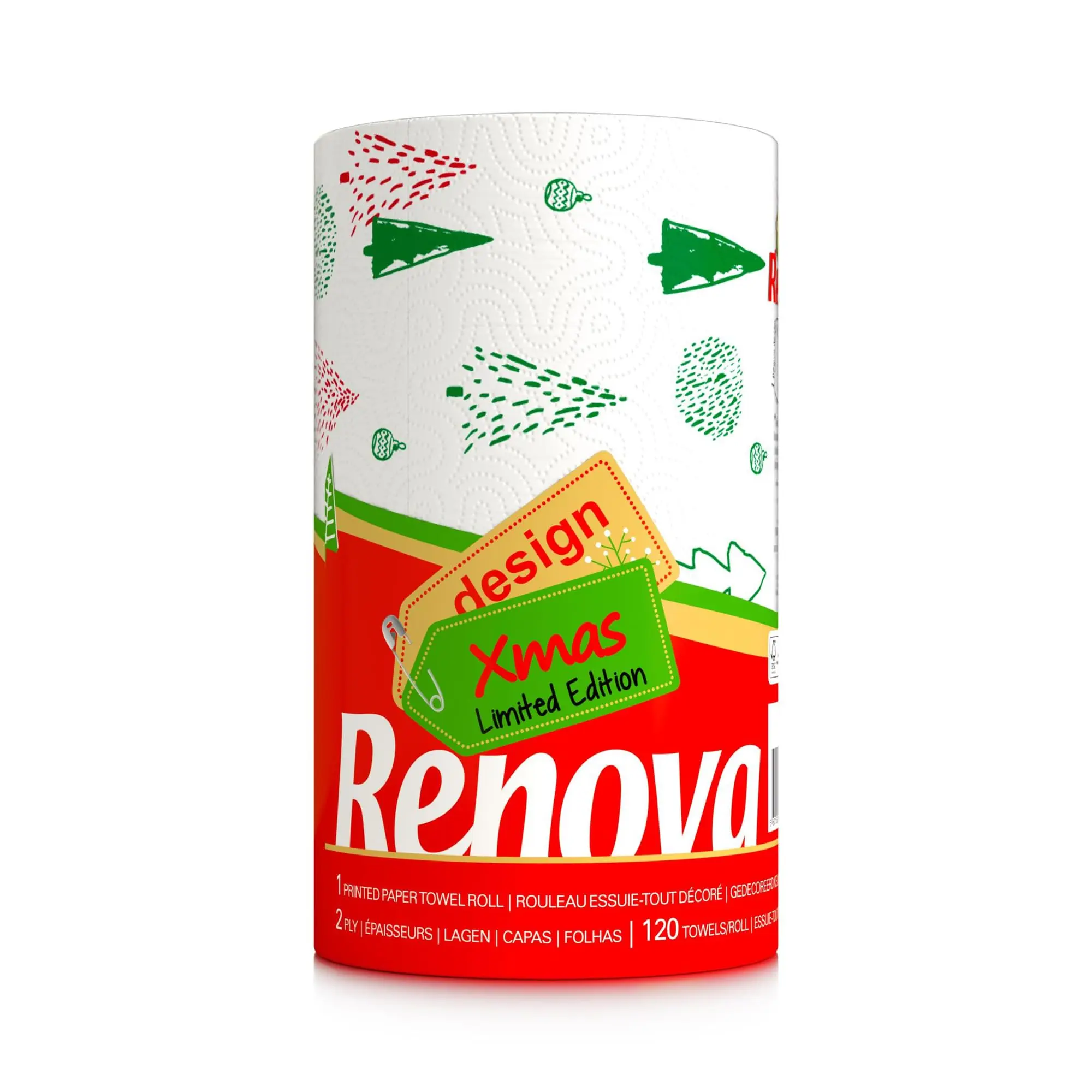 Renova Christmas Paper Towels, Limited Edition, 2-Ply, 120 Sheets, Holiday Design with Festive Prints