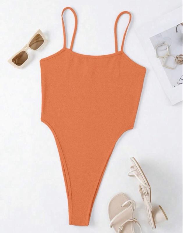 Womens Ribbed Bodysuitt ORANGE - Comfortable and Stylish Top for Everyday Wear - Womenswear, Tops Basic Minimalist Sleeveless Short Casual