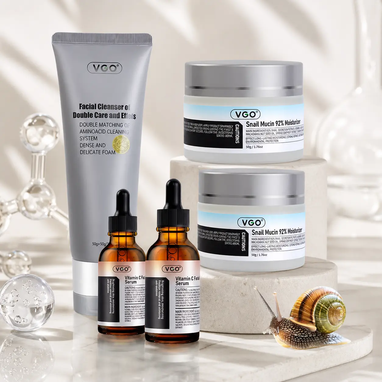 VGO 3-Step Unisex Daily Skincare Set - Lightweight Foam Cleanser, Vitamin C Serum, Cream Moisturizer for Smooth Balanced Complexion, All Skin Types, 24 Months Shelf Life, Refreshing Hydration & Softening