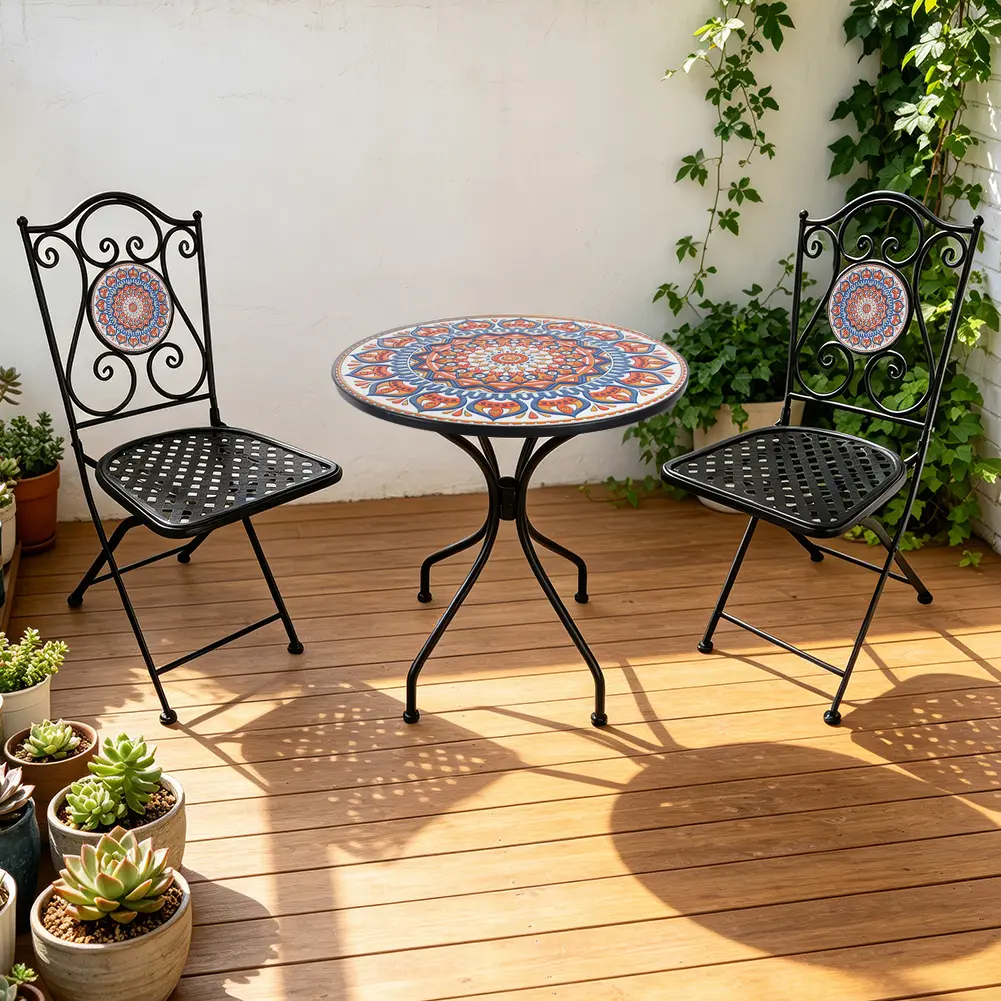 Vintage Ceramic Tile Backrest Folding Chairs (2-Piece) - Weatherproof Stainless Steel Dual-Purpose Outdoor Seating, Boho Classic for Backyard Porch (Home Improvement Garden Supplies)