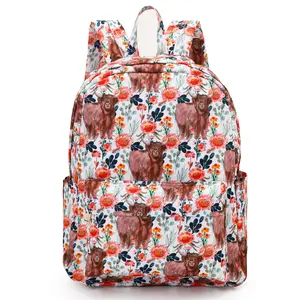 Orange Floral Highland Cow Western Kids Backpack