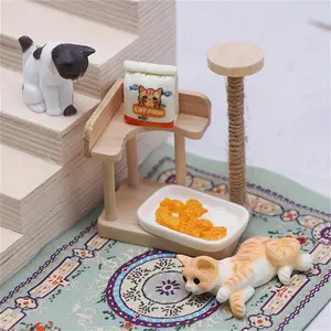 Dollhouse Mini Simulation Wooden Cat Tree Model, Miniature Cat Scene Ornament, Tiny Cat Food, Small Fish, DIY Delicate Accessories, Matching Parts for Use