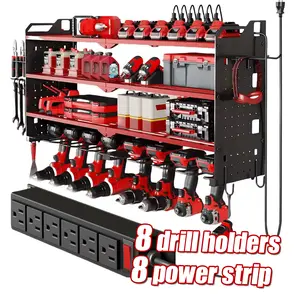 HAUSNEED Tool Organizer Wall Mount with 8 Drill Holders 4 Layers Large Capacity Rack for Garage Heavy Duty Sturdy Construction Easy Assembly