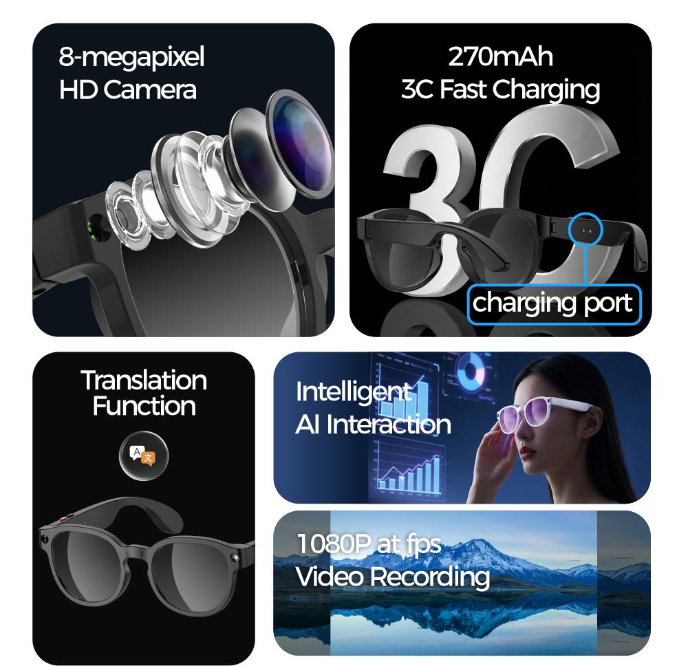 AI Smart Glasses Camera 8MP HD Video Recording Glasses with Audio, Real-Time Translation, Bluetooth Call & Music, AI Object Recognition, Touch Control, Wearable Camera Glasses for Men Women Travel Outdoor