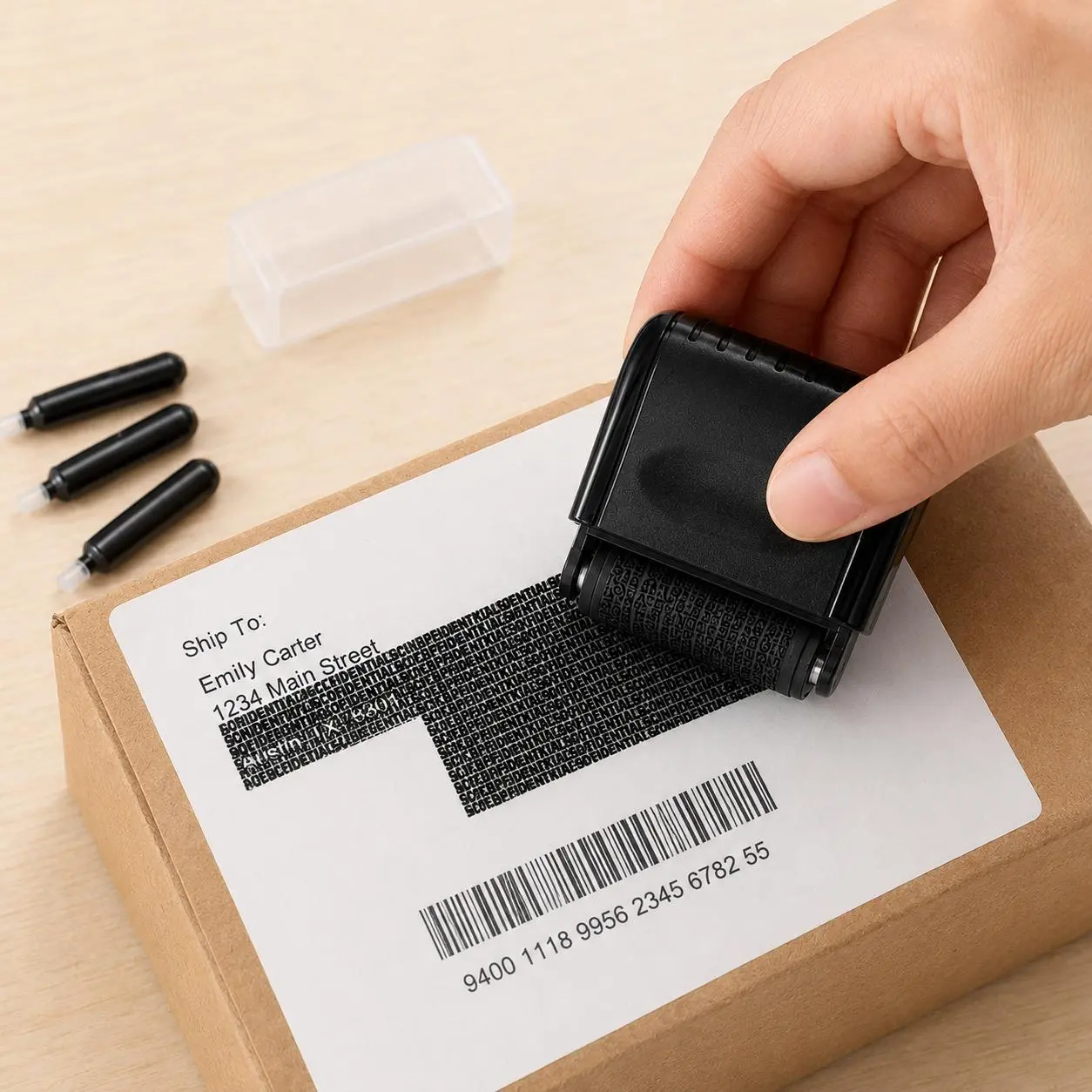 Identity Protection Roller Stamp 2-Pack with 6 Refills, Compact with Protective Cap, Confidential Print Blocks, Dense Confidential Pattern for Mail, Bills, Documents (Office Stationery Privacy Blocker)