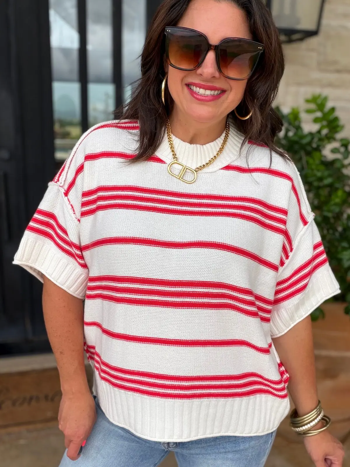Off White/Coral Striped Short Sleeve Sweater S-L by Rae Mode.