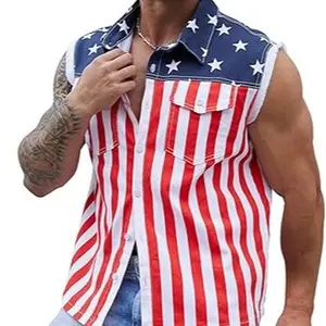 WIRDATRD Men's American Flag Denim Vest Sleeveless Jean Shirt Collar Slim Fit Lightweight Cowboy Casual 80's Style