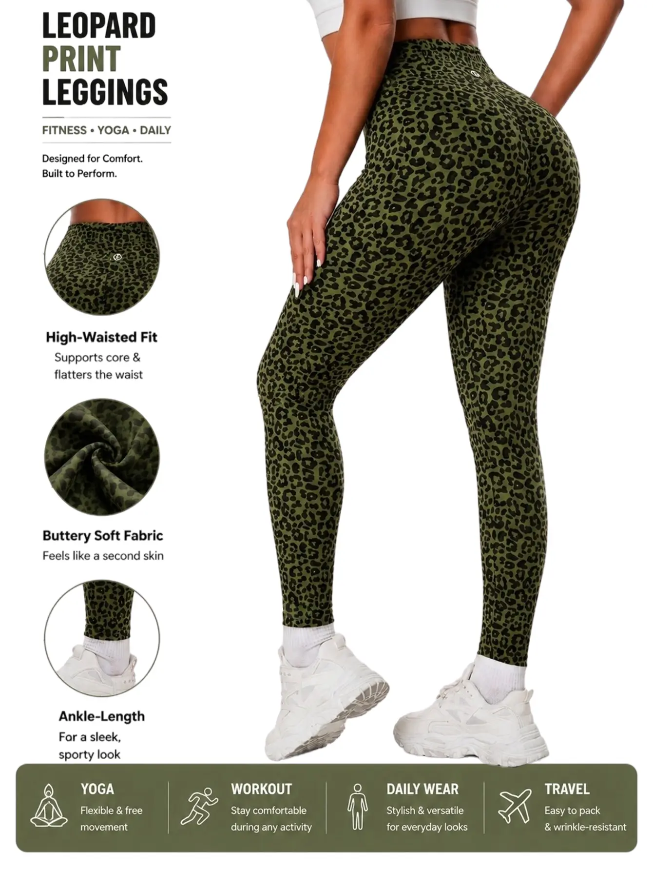 Women’s high-waisted leopard print leggings, tummy control compression workout pants with phone pockets, butt-lifting fitness yoga leggings Athletic Leggings Gym Leggings