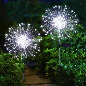 Solar Fireworks Lights 2 Pack 120 LEDs Solar Garden Outdoor Lights, 8 Modes Tall Sparkler Yard Lights Waterproof Dandelion String Lights for Outside Patio Pathway Decorations - White