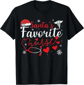 100% Cotton Women Men Santas Favorite Nurse Christmas Scrub Xmas RN T-Shirt