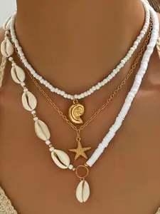 3pcs/Set Fashionable Unique Delicate Beach Vacation Ocean Style Shell, Pearl, Seashell, Starfish Beaded Multi-Layer Necklace Set For Women, Suitable For Daily Wear, Festivals And Parties